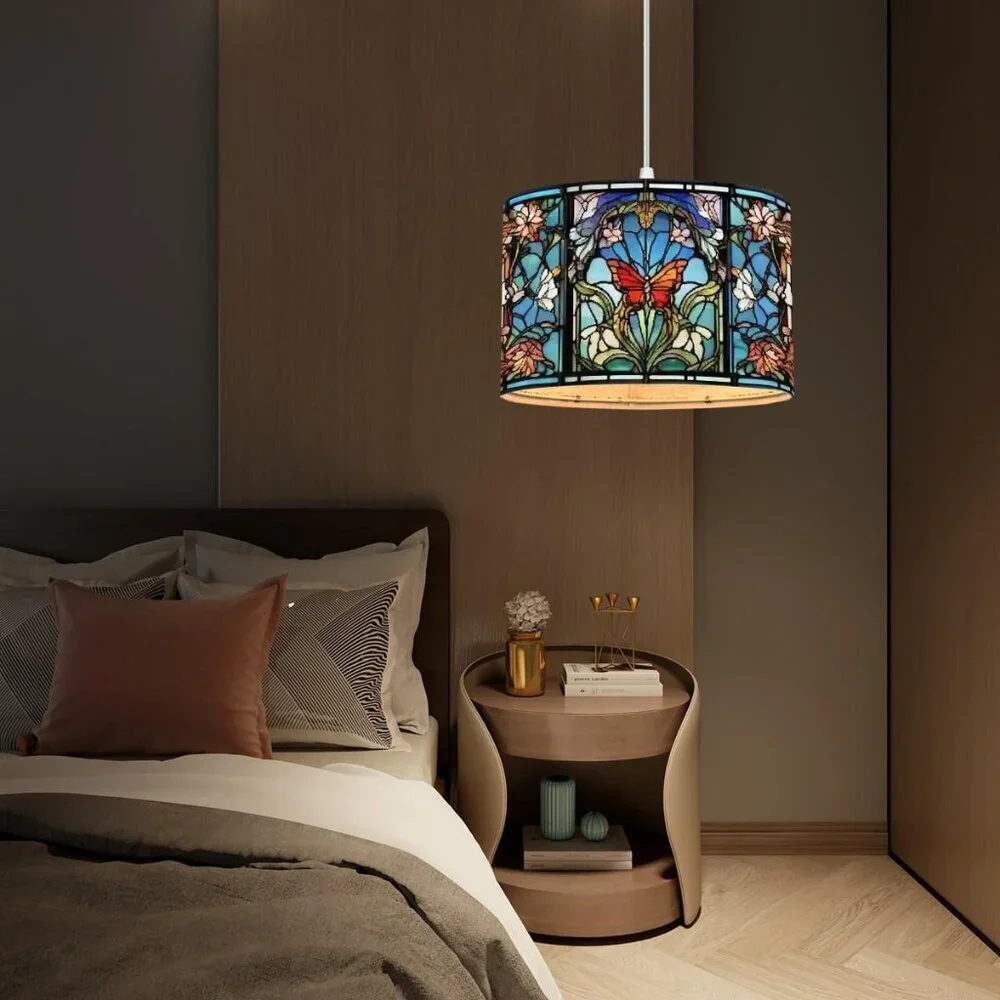 Butterfly Stained Glass Lamp, Art Nouveau Lighting Hanging Drum Lamp Light